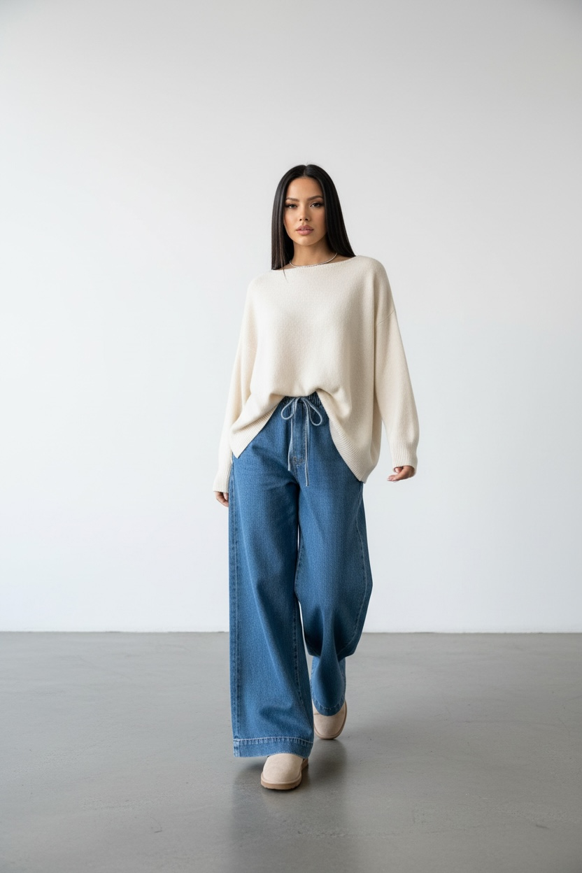 Aura Jean Bağcıklı Bol Paça Pantolon