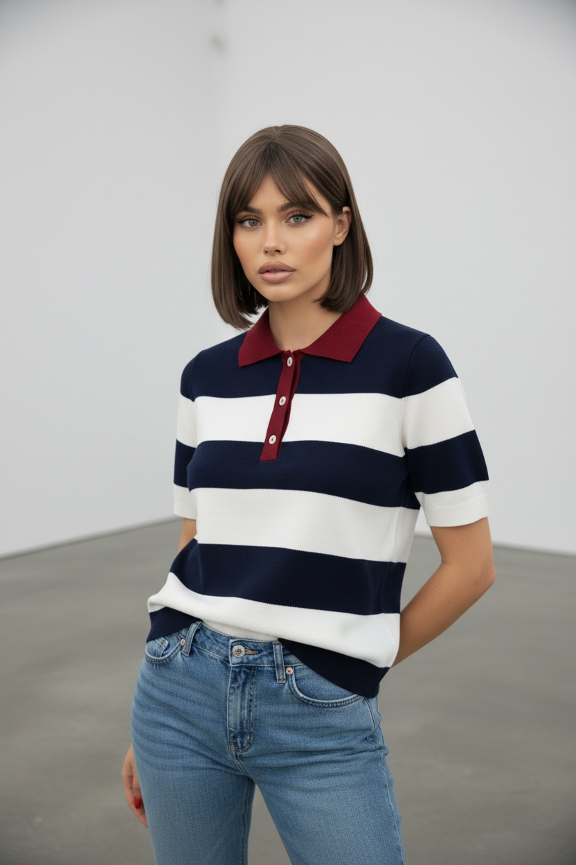 Çizgili Crop Polo Yaka Triko
