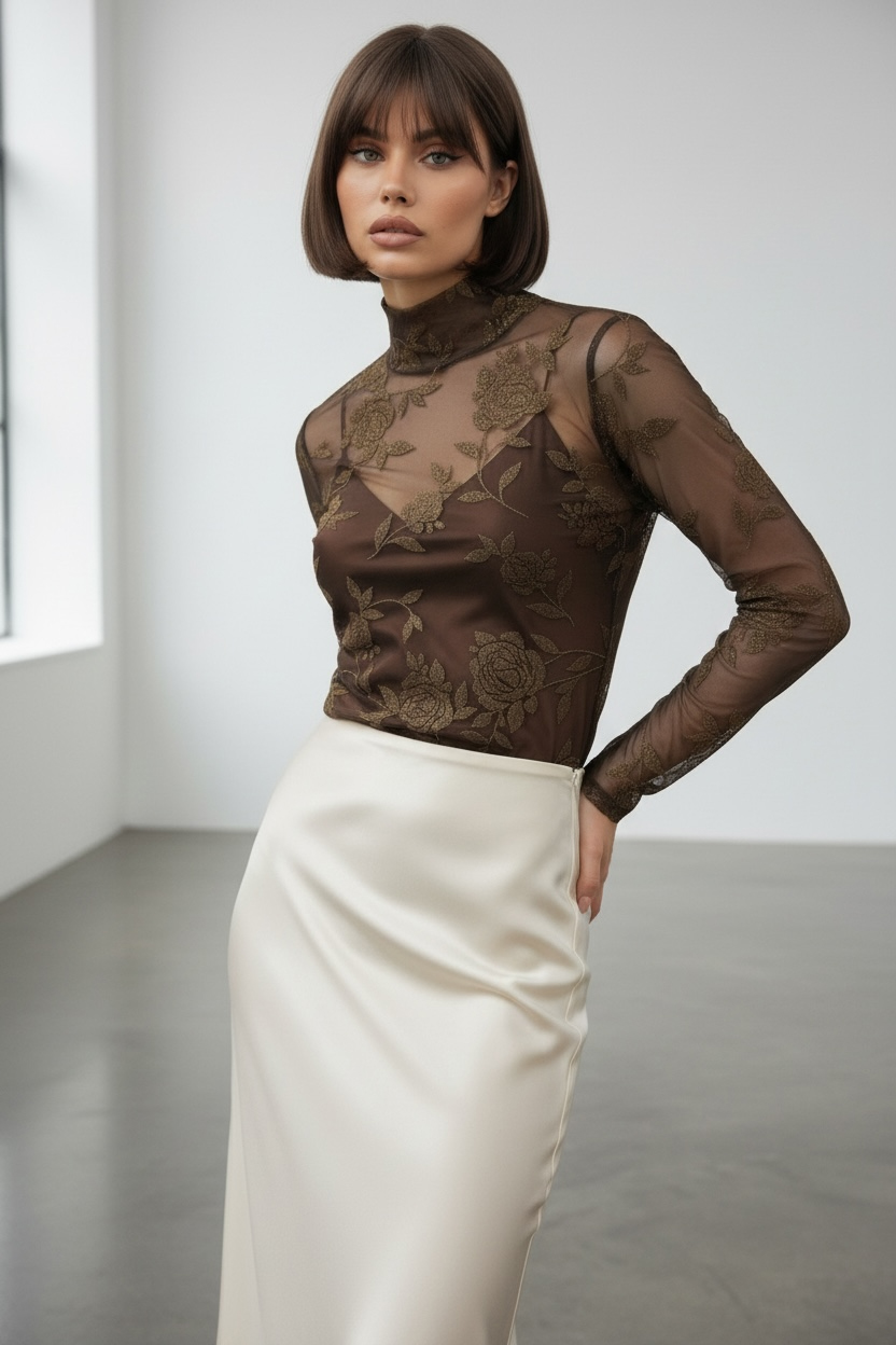 Gilded Rose Nakışlı Tül Bluz