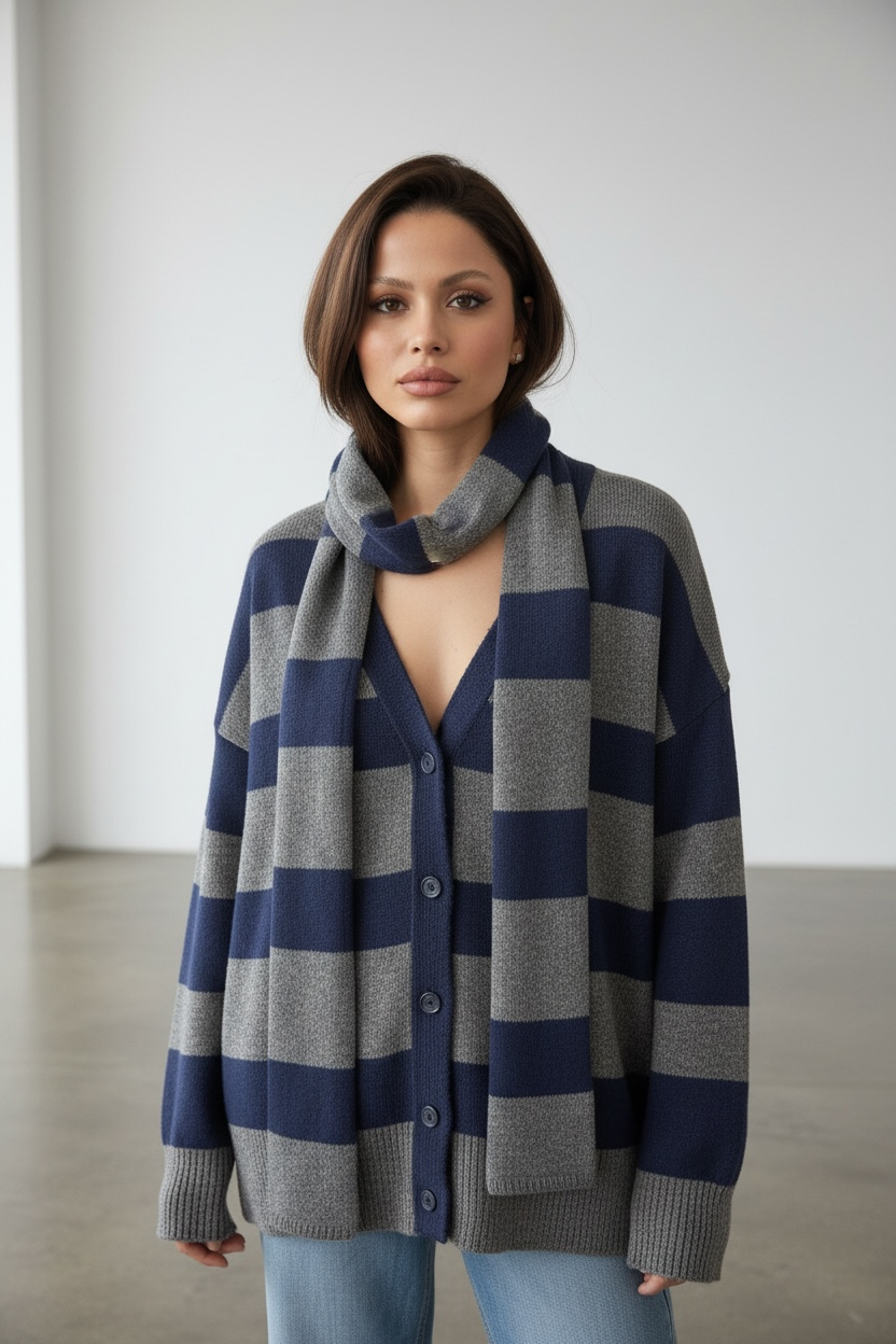 Midnight Horizon Şal Detaylı Oversize Hırka