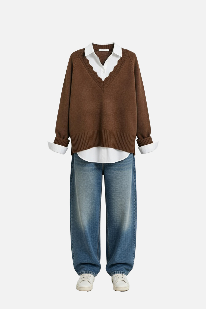 Mocha Layered Chic Gömlek Detaylı Kazak